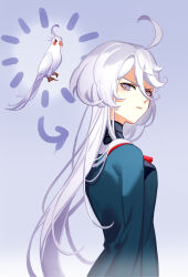 1girl ahoge animal asticassia_school_uniform bird closed_mouth cockatiel from_side glaring green_jacket grey_eyes gundam gundam_suisei_no_majo hair_between_eyes highres jacket jymeng long_hair looking_at_viewer looking_to_the_side miorine_rembran parrot school_uniform trait_connection upper_body v-shaped_eyebrows very_long_hair wavy_hair white_hair