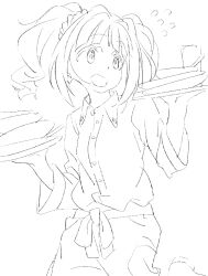 1girl :d blush collared_shirt flying_sweatdrops greyscale hair_ornament hair_scrunchie idolmaster idolmaster_(classic) idolmaster_million_live! idolmaster_million_live!_theater_days long_sleeves looking_at_viewer monochrome open_mouth scrunchie shirt skirt smile solo striped_clothes striped_skirt takatsuki_yayoi twintails vertical-striped_clothes vertical-striped_skirt we_ik214