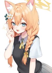 1girl :d absurdres alternate_costume alternate_hairstyle animal_ear_fluff animal_ears black_sweater_vest blue_archive blue_eyes blush braid cat_ears cat_girl collared_shirt commentary eyelashes fingernails flower grey_skirt hair_between_eyes hair_flower hair_ornament halo hand_up highres index_finger_raised long_hair looking_at_viewer mari_(blue_archive) open_mouth orange_hair sasakichi_(ssk_chi) school_uniform shirt short_sleeves simple_background skirt smile solo sparkle sweater_vest teeth twin_braids upper_body upper_teeth_only white_background white_flower white_shirt yellow_halo