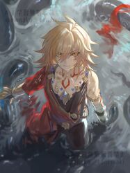 Rule 34 | 1boy, aged down, arm tattoo, armlet, black pants, blonde hair, braid, chest tattoo, clawed gauntlets, facial tattoo, gold necklace, gradient hair, hair between eyes, highres, honkai: star rail, honkai (series), injury, jewelry, looking at viewer, medium hair, multicolored hair, mydei, mydei (a trail of bygone blood) (honkai: star rail), mydei (honkai: star rail), necklace, pants, red hair, red tattoo, ripples, shirt, side braid, sleeveless, sleeveless shirt, tanemaki monaka, tattoo, torn clothes, torn shirt, wading, watermark, wet, wet clothes, yellow blood, yellow eyes