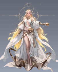 1girl absurdres apple asymmetrical_dress bare_legs barefoot blonde_hair dress food fruit full_body golden_apple gradient_background highres looking_at_viewer original parted_bangs simple_background solo taekwon_kim white_dress