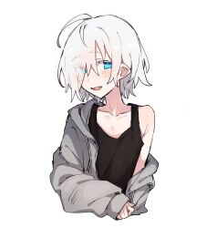 Rule 34 | ahoge, azuma shino, black tank top, blue eyes, blush, eyes visible through hair, fang, flat chest, grey hoodie, heterochromia, hood, hoodie, nowareno (azuma shino), open mouth, original, pointy ears, short bangs, slit pupils, solo, tank top, white background, white hair