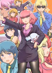 amuro_ray arasa_ol_haman-sama black_hair blonde_hair blue_eyes blue_hair breasts char_aznable chara_soon closed_mouth commentary_request elpeo_puru fa_yuiry formal_clothes four_murasame gundam haman_karn highres iwasaki_masakazu jacket kamille_bidan long_sleeves mecha medium_hair multicolored_hair multiple_boys multiple_girls official_art open_mouth orange_hair pink_hair purple_eyes puru_two qubeley red_hair robot short_hair skirt sleeveless smile split-color_hair star_(symbol) suit thighhighs two-tone_hair