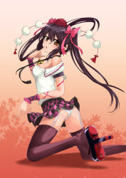1girl ass bare_shoulders bow breasts brown_eyes brown_hair checkered_clothes checkered_skirt eva_(hq8nn1ef) female_focus finger_to_mouth garter_straps geta hair_bow hat highres himekaidou_hatate kneeling leaf leaf_background long_hair looking_at_viewer looking_back medium_breasts miniskirt open_mouth panties pantyshot pinky_to_mouth pom_pom_(clothes) shirt shirt_slip skirt solo tengu-geta thighhighs tokin_hat touhou twintails underwear wrist_cuffs zettai_ryouiki