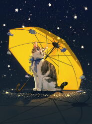 absurdres animal_charm animal_focus blue_eyes blue_ribbon cat charm_(object) commentary_request fish fish_charm heterochromia highres neck_ribbon no_humans original ribbon shadow star_(sky) toy_mouse umbrella yellow_eyes yellow_umbrella yuiai