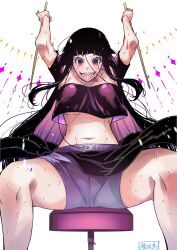 1girl :d arms_up bandeau belt black_bandeau black_hair black_skirt breasts colored_inner_hair drumsticks fukuda_hiroshi highres holding holding_drumsticks kurogane_otoha large_breasts long_hair multicolored_hair official_art open_mouth purple_belt purple_eyes purple_hair purple_shorts rock_wa_lady_no_tashinami_deshite shorts signature simple_background sitting skirt smile solo spread_legs sweat very_long_hair white_background
