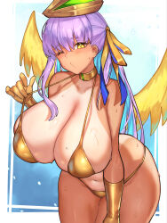 1girl absurdres animal_hat bare_shoulders bb_(fate) bikini blush breasts cleavage collarbone detached_collar elbow_gloves fate/grand_order fate_(series) gloves gold_bikini gold_gloves gold_ribbon golden_bb_(fate) hair_ribbon hat highres large_breasts leaning_forward long_hair looking_at_viewer navel one_eye_closed puckered_lips purple_hair rabbit_hat radishkek ribbon solo swimsuit tan tanline thighs variant_set very_long_hair wings yellow_eyes