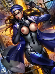 1girl absurdres ana_(overwatch) black_hair blue_hat breast_cutout breasts brown_eyes captain_amari character_name female_focus finger_to_mouth hat highres index_finger_raised large_breasts liang_xing long_hair looking_at_viewer nipples overwatch overwatch_1 parted_lips patreon_username solo watermark web_address