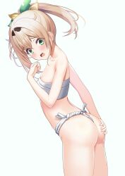 Rule 34 | 1girl, absurdres, ass, blonde hair, blush, bow, breasts, chest sarashi, cleavage, commentary request, fundoshi, green eyes, hand on own ass, highres, hololive, japanese clothes, kazama iroha, long hair, multicolored bow, nanamiya yoshino, open mouth, ponytail, sarashi, simple background, small breasts, solo, standing, underwear, underwear only, virtual youtuber, white background