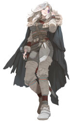 absurdres black_cape blue_eyes cape coat facepaint fur-trimmed_cape fur-trimmed_coat fur_trim highres holding holding_sword holding_weapon looking_at_viewer medium_hair ori_dal original scabbard sheath sword weapon white_hair