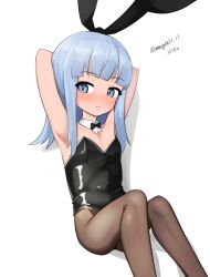 1girl absurdres animal_ear_hairband animal_ears black_bow black_bowtie black_leotard black_pantyhose blue_eyes blue_hair blunt_bangs bow bowtie detached_collar fake_animal_ears feet_out_of_frame flat_chest hairband hatsukaze_(kancolle) highres invisible_chair kantai_collection leotard long_hair maru_(marg0613) one-hour_drawing_challenge pantyhose playboy_bunny rabbit_ears simple_background sitting solo strapless strapless_leotard white_background