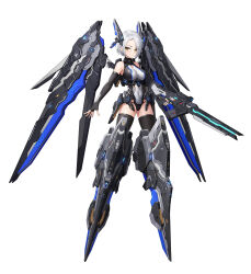 1girl absurdres bare_shoulders black_gloves black_thighhighs breasts chimera_(ming_he_haizhe) clothing_cutout covered_navel elbow_gloves fingerless_gloves full_body gloves grey_leotard gun headgear highres holding holding_gun holding_weapon large_breasts leotard looking_at_viewer mecha_musume mechanical_wings original science_fiction short_hair solo tachi-e thighhighs transparent_background weapon white_hair wings yellow_eyes