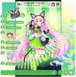 &gt;_&lt; 1girl alternate_costume alternate_hairstyle animal_ear_headphones animal_ears black_gloves black_skirt boots breasts chat_log drone elbow_gloves fake_animal_ears fingerless_gloves fox_mask game_cg gloves green_boots green_skirt hata_no_kokoro hata_no_kokoro_(multi-display3r) headphones headset heart highres hyottoko_mask long_hair looking_at_viewer mask merlin_prismriver merlin_prismriver_(second_eldest_memory_leaker) midriff multicolored_skirt navel official_art open_mouth paw_pose pink_eyes pink_hair pom_pom_(cheerleading) rotte_(1109) science_fiction skirt small_breasts solo sparkle thigh_strap third-party_source touhou touhou_lostword translation_request transparent_background tsukumo_yatsuhashi twintails user_interface very_long_hair