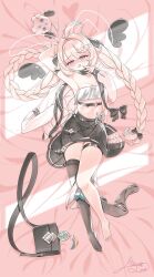 1girl :q absurdres ahoge aloupeep_(enna_alouette) aqua_nails arm_up armpits artist_name bag bird_tail black_skirt blonde_hair blush braid breasts cleavage enna_alouette flower glint hair_flower hair_ornament hairclip handbag highres jirai_kei linea_alba looking_at_viewer lying maiyuchi navel nijisanji nijisanji_en o-ring o-ring_thigh_strap on_back on_bed partially_undressed purple_eyes shaded_face signature single_thighhigh skindentation skirt small_breasts sunlight tail thigh_strap thighhighs tongue tongue_out twin_braids unbuttoned unbuttoned_shirt unworn_thighhighs variant_set virtual_youtuber