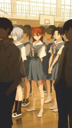 angry ayanami_rei basketball_hoop blue_eyes blue_hair blue_skirt closed_mouth crowd faceless faceless_female glaring highres horaki_hikari im_edamame indoors long_hair looking_at_viewer multiple_boys multiple_girls neon_genesis_evangelion orange_hair red_eyes red_ribbon ribbon school_uniform shirt short_hair short_sleeves skirt socks souryuu_asuka_langley staring tokyo-3_middle_school_uniform white_shirt