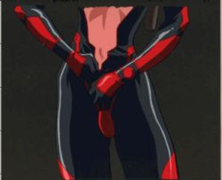 1990s_(style) 1girl animated animated_gif blonde_hair bodysuit bouncing_breasts breasts burn-up burn-up_excess cel dressing female_focus kinezono_rio large_breasts lowres no_bra retro_artstyle skin_tight solo zipper zipping
