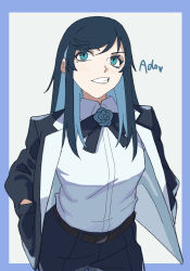 1girl ado_(utaite) belt billyonthestraw blue_border blue_eyes blue_hair blue_necktie blush border chando_(ado) clenched_teeth collared_shirt colored_inner_hair hands_in_pockets highres jacket light_blush long_hair looking_at_viewer mole mole_under_eye multicolored_hair necktie original outside_border pants shirt simple_background suit_jacket teeth white_background white_shirt