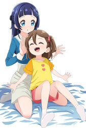 Rule 34 | 2girls, :d, :o, ^ ^, abe kanari, aokaze nana, arched bangs, bare legs, blouse, blue eyes, blue hair, blue shirt, brown hair, buttons, closed eyes, collarbone, collared shirt, commentary, contrast collar, facing another, full body, grey skirt, hair between eyes, hair bun, hair ornament, hair scrunchie, hands up, happy, heart, heart button, high-waist skirt, highres, kimi to idol precure, knees up, light blush, long hair, long sleeves, looking at another, medium hair, multiple girls, no shoes, on bed, one side up, open hands, open mouth, pink scrunchie, pink shorts, precure, sakura hamori, scrunchie, shirt, short sleeves, shorts, simple background, single hair bun, sitting, skirt, sleeve cuffs, smile, socks, spread fingers, wariza, white background, white socks, x hair ornament, yellow shirt