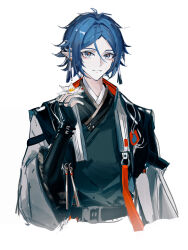 1boy absurdres arknights black_gloves blue_eyes blue_hair chinese_commentary closed_mouth commentary_request cropped_torso earrings elbow_gloves flower gloves hair_between_eyes highres holding holding_flower jewelry looking_at_viewer male_focus parted_bangs pointy_ears short_hair simple_background smile solo white_background white_flower zhishi_mao_tiao zuo_le_(arknights)