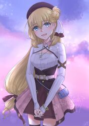 Rule 34 | 1girl, agnes claudel, bag, beret, blonde hair, blue eyes, bracelet, bun with braided base, cleavage cutout, clothing cutout, double-parted bangs, eiyuu densetsu, floating hair, hair between eyes, hair bun, handbag, hat, highres, jewelry, kuro no kiseki, kuro no kiseki (series), kuro no kiseki ii, long hair, looking at viewer, low-tied long hair, open mouth, pendant, red hat, ribbed sweater, roshiroshiroppy, single side bun, skirt, smile, solo, sweater, twitter username, upper body, watermark