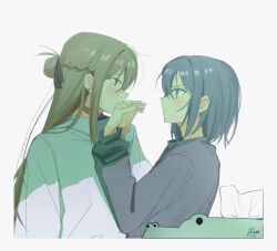 Rule 34 | 2girls, blue eyes, blue hair, blue sweater, braid, brown choker, brown hair, choker, commentary request, earrings, haidao mao, half up braid, highres, holding hands, jewelry, long hair, long sleeves, miyagi shiori, multiple girls, purple eyes, sendai hazuki, short hair, shuuniichido classmate wo kau hanashi, sidelocks, simple background, stud earrings, sweater, upper body, white background, white sweater, yuri