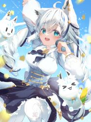 Rule 34 | 1girl, absurdres, ahoge, animal ear fluff, animal ears, arm up, blue skirt, blue sky, blush, braid, breasts, commentary request, corset, earrings, fox ears, fox girl, fox tail, green eyes, hair between eyes, hair ornament, highres, holding, holding microphone, hololive, jewelry, long hair, looking at viewer, medium breasts, microphone, open mouth, ortho kaeritai, outdoors, pantyhose, petals, shirakami fubuki, shirakami fubuki (saint), shirt, sidelocks, single braid, skirt, sky, sukonbu (shirakami fubuki), tail, twin braids, virtual youtuber, white hair, white pantyhose, white shirt