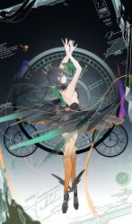 1girl absurdres armpits arms_up backless_outfit ballerina ballet_dress bare_shoulders black_dress black_hair breasts clock dress en_pointe flantia full_body green_eyes green_hair head_wings highres large_breasts multicolored_hair original thighhighs two-tone_hair two-tone_thighhighs white_thighhighs wings