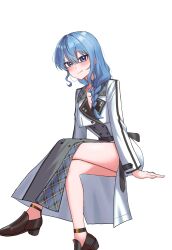 1girl asymmetrical_sidelocks black_shoes blue_eyes blue_hair blush braid buttons chrispy_tuna closed_mouth coat coat_dress commentary double-breasted double-parted_bangs dress english_commentary full_body hair_between_eyes hair_over_shoulder highres hololive hoshimachi_suisei lapels long_hair looking_at_viewer notched_lapels shoes simple_background single_braid sitting smile solo star_(symbol) star_in_eye symbol_in_eye virtual_youtuber white_background white_coat