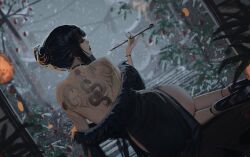 Rule 34 | 1girl, ass, back tattoo, bare back, bare shoulders, black dress, black hair, black lips, black shoes, blurry, blurry background, commentary, dress, english commentary, fingernails, from behind, fur trim, hair bun, high heels, highres, holding, holding smoking pipe, long fingernails, neo (neorarty3), original, shoes, side slit, sidelocks, sitting, sitting sideways, smoking pipe, snow, solo, tattoo
