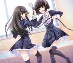 1boy 1girl ascot bath bathroom black_hair black_thighhighs blue_hairband blush brother_and_sister brown_eyes brown_hair chaos;child chaos;child_love_chu_chu!! clothing_request crossdressing dress frilled_dress frills game_cg gold_buttons grey_ascot hairband highres holding holding_shower_head indoors light_particles long_hair long_sleeves miniskirt multiple_girls non-web_source official_art open_mouth pinstripe_dress pinstripe_pattern sasaki_mutsumi short_hair shower_head showering siblings skirt smile striped_clothes striped_dress tachibana_yui tachibana_yuuto teeth thick_thighs thighhighs thighs tongue upper_teeth_only vertical-striped_clothes vertical-striped_dress washing_hair wet white_petticoat