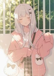 1girl amai_melo animal_bag bag black_bow black_skirt bow bush closed_eyes dappled_sunlight day facing_viewer fence hair_ornament hair_over_shoulder highres hood hood_down hoodie jacket long_hair long_sleeves official_alternate_hairstyle open_clothes open_jacket osanpo_usa-chan_coord_(project_sekai) outdoors parted_lips pink_jacket plaid_clothes plaid_skirt project_sekai puffy_long_sleeves puffy_sleeves rabbit_bag shoulder_bag skirt sleeves_past_fingers sleeves_past_wrists solo sunlight teeth u_u upper_body upper_teeth_only white_bag white_hoodie x_hair_ornament yoisaki_kanade