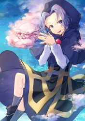 1boy 1girl absurdres black_legwear cloud commentary_request highres hood invisible_chair jewelry kaede_(mmkeyy) kesa kumoi_ichirin light_purple_hair long_sleeves looking_at_viewer necklace open_mouth own_hands_together pendant purple_eyes robe shoes sitting sky smile socks touhou unzan