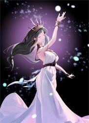 Rule 34 | 1girl, arm up, bare shoulders, black hair, bracelet, breasts, cecilia 527, closed eyes, commentary, crown, dress, english commentary, feet out of frame, final fantasy, final fantasy vii, final fantasy vii rebirth, final fantasy vii remake, floating hair, gradient hair, highres, jewelry, long hair, low-tied long hair, medium breasts, multicolored hair, official alternate costume, open hands, parted lips, princess rosa costume, sleeveless, sleeveless dress, solo, tiara, tifa lockhart, tifa lockhart (loveless dress), white dress