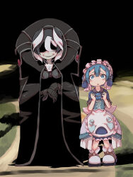 Rule 34 | 1boy, 1girl, apron, black cloak, black gloves, black hair, blue apron, blue capelet, blue corset, blue dress, blue eyes, blue hair, breasts, brown footwear, capelet, cloak, closed mouth, corset, dress, evil smile, frilled apron, frills, gloves, highres, made in abyss, maid, maid apron, maid headdress, maruruk, medium breasts, meme, multicolored hair, night, open mouth, outdoors, ozen, shaded face, shadow, smile, standing, streaked hair, trap, whistle, whistle around neck, white hair, why dis ninja look so mad (meme), ximu shilang