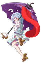1girl alphes_(style) aqua_shirt aqua_vest back blue_hair breasts closed_eyes closed_mouth commentary_request dairi defeat full_body geta highres holding holding_umbrella karakasa_obake large_variant_set long_sleeves parody purple_umbrella shirt short_hair simple_background skirt solo style_parody tachi-e tatara_kogasa tearing_up torn_clothes touhou transparent_background umbrella variant_set white_shirt