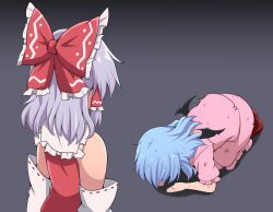 2girls alternate_costume bat_wings blue_hair bow commentary_request cosplay defeat detached_sleeves dogeza frilled_bow frilled_hair_tubes frills from_behind grey_hair hair_bow hair_tubes hakurei_reimu hakurei_reimu_(cosplay) highres izayoi_sakuya long_hair multiple_girls no_headwear pink_shirt pink_skirt remilia_scarlet ribbon-trimmed_sleeves ribbon_trim shadow shirt skirt suwaneko touhou wings