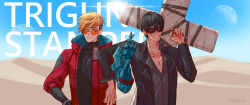 2boys black_hair black_jacket black_shirt blonde_hair blue_eyes cigarette collarbone collared_shirt copyright_name cowboy_shot cross day earrings grey_shirt grin highres holding holding_cross jacket jewelry large_cross looking_at_viewer male_focus mole mole_under_eye mouth_hold multiple_boys nicholas_d._wolfwood orange-tinted_eyewear outdoors partially_unbuttoned pectoral_cleavage pectorals red_jacket shaneludwig999 shirt short_hair single_earring smile standing sunglasses teeth teeth_hold tinted_eyewear trigun trigun_stampede undercut v vash_the_stampede