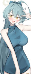1girl :d absurdres ahoge alternate_costume aqua_hair blue_archive blue_bow blue_dress blush bow breasts commentary_request dress flying_sweatdrops hair_between_eyes hair_bow hair_intakes halo hanasaki_rin highres large_breasts long_hair looking_at_viewer open_mouth simple_background sleeveless sleeveless_dress smile solo sweatdrop tongue v very_long_hair white_background yellow_eyes yellow_halo yume_(blue_archive)
