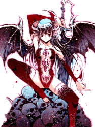 1girl bad_id bad_pixiv_id bat_wings blue_hair demon_girl elbow_gloves female_focus gloves horns long_hair monster_girl moonsorrow original red_eyes skull solo sword tattoo thighhighs weapon wings