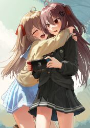 2girls :d ^_^ absurdres ahoge arms_around_neck black_cardigan black_skirt blue_sailor_collar blue_skirt blush branch brown_cardigan brown_hair brown_shoes cardigan closed_eyes cloud commentary_request day evil_neuro-sama goback hair_between_eyes highres holding hug long_hair long_sleeves multiple_girls neuro-sama nintendo_switch one_side_up open_mouth outdoors pleated_skirt puffy_long_sleeves puffy_sleeves red_eyes sailor_collar school_uniform serafuku shoes skirt smile vedal_ai very_long_hair