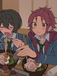 2boys :i bowl chopsticks close-up curtained_hair dot_nose eating egg ensemble_stars! fang film_grain food hair_between_eyes ham highres indoors isara_mao male_focus multiple_boys niyororinpayamaru portrait sakuma_ritsu salt_shaker school_uniform shoulder-to-shoulder sitting_on_branch skin_fang soy_sauce_bottle steam table three_quarter_view yumenosaki_school_uniform