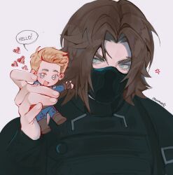 2boys animification annoyed artist_name black_bodysuit black_mask blonde_hair blue_bodysuit blue_eyes bodysuit boots brown_boots brown_gloves brown_hair bucky_barnes captain_america captain_america:_the_winter_soldier captain_america_(series) chibi covered_mouth english_text fingerless_gloves fingernails gloves hair_between_eyes hand_up heart highres holding looking_at_another looking_at_viewer male_focus marvel marvel_cinematic_universe mask mouth_mask multiple_boys open_mouth rogersrival short_hair simple_background smile speech_bubble steve_rogers superhero_costume upper_body v-shaped_eyebrows white_background winter_soldier