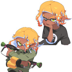 1boy absurdres black_shirt blonde_hair dark-skinned_male dark_skin dual_wielding eyebrow_cut gradient_hair green_eyes green_jacket hand_on_own_cheek hand_on_own_face highres holding holding_weapon inkling inkling_boy inkling_player_character jacket long_sleeves male_focus multicolored_hair multiple_views nintendo one_eye_closed orange_hair pointy_ears shirt short_hair short_sleeves simple_background splat_dualies_(splatoon) splatoon_(series) surume01417 t-shirt tentacle_hair thick_eyebrows weapon white_background