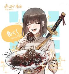 1girl arianaleonardo blood blood_on_clothes blood_on_face blood_on_hands closed_eyes fangs happy holding holding_plate jacket limbus_company lobotomy_corporation monster mountain_of_smiling_bodies ootachi open_mouth out_of_character plate project_moon r.b._(identity)_(project_moon) sheath sheathed smile white_jacket