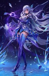 1girl blue_gloves blue_thighhighs breasts commentary dress elbow_gloves full_body genshin_impact gloves grey_hair hair_between_eyes hair_ornament hand_up highres imdrunkontea large_breasts long_hair looking_at_viewer parted_lips red_eyes ripples skirk_(genshin_impact) solo standing thighhighs very_long_hair water