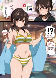 Rule 34 | !?, 1girl, bikini, black hair, breasts, brown eyes, cleavage, commentary request, cowboy shot, groin, highres, kinako mochi (pixiv100419090), large breasts, looking at viewer, low twintails, medium breasts, multiple views, navel, original, parted lips, smile, speech bubble, standing, striped bikini, striped clothes, swimsuit, thought bubble, towel, twintails, upper body, yellow bikini