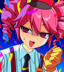 1girl alternate_costume bare_back black_necktie collared_shirt confetti drill_hair gloves gradient_background hair_between_eyes hashtag-only_commentary hat highres kasane_teto kepi looking_at_viewer mesmerizer_(vocaloid) military_hat necktie open_mouth qwertyugtxhfj red_eyes red_hat shirt solo striped_clothes striped_shirt suspenders sweatdrop triangle_mouth twin_drills upper_body utau white_shirt wing_collar yellow_gloves