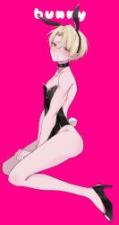 1boy absurdres alfred_(fire_emblem) bare_arms bare_legs black_choker black_leotard black_shoes choker crossdressing fire_emblem fire_emblem_engage green_eyes heart heart_in_eye high_heels highres kneeling leotard looking_at_viewer nintendo playboy_bunny rororotsu shoes solo symbol_in_eye