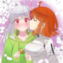 2girls @_@ ahoge angie03 blush closed_eyes fate/grand_order fate_(series) fujimaru_ritsuka_(female) green_hoodie highres hood hoodie kama_(fate) kiss kissing_cheek long_hair multiple_girls no_mouth orange_hair profile purple_background purple_petals ringed_eyes short_hair surprised upper_body yuri