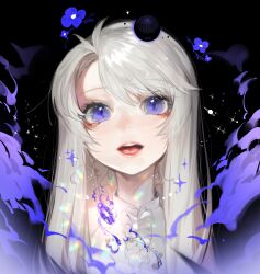 1girl black_background blush dress flat_chest flower grey_hair herme_(ohisashiburi) highres long_hair looking_at_viewer ohisashiburi open_mouth original purple_eyes slit_pupils smile solo tongue upper_body white_dress